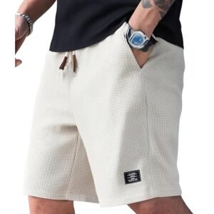 Summer Knit Shorts for Men with a Slim fit, Stretchy Fabric, Breathability, and light weight; casual lounge shorts with drawstring waistband and elastic.