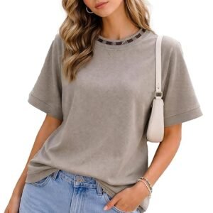 The Hills Women's Waffle Texture T-Shirt is a loose-fitting casual summer top with a round neck, contrast rib collar, and a soft, breathable half-sleeve.