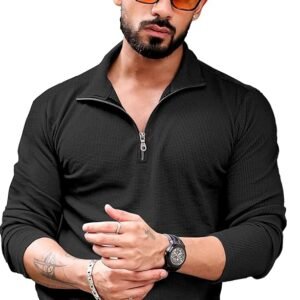 Men's Polyester Blend T Shirt with Spread Collar Neck Line Zipper Closure Full Sleeves Solid Pattern Regular Fit