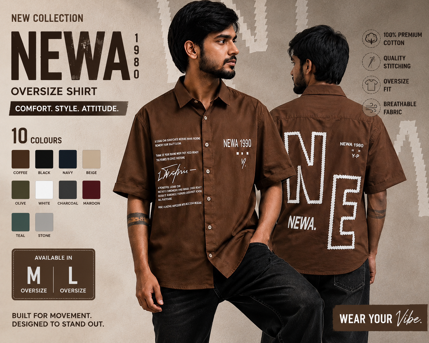 Newa 1990 Prnted Oversize Half Slave Shirt For Men. Comfortable Shirts