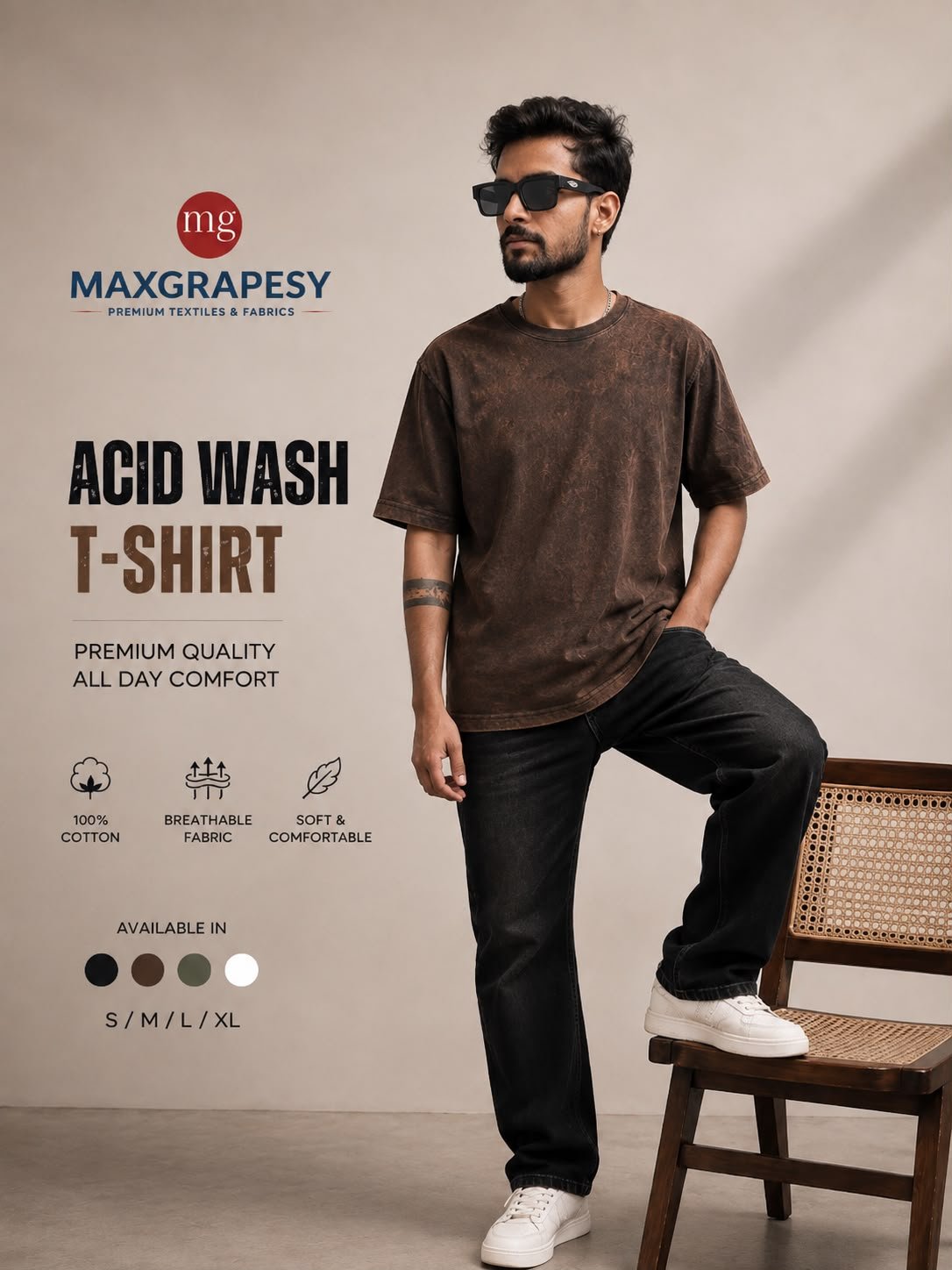 Acid Wash - Oversize T-Shirt For Mans. Round Neck Fabric 100% Cotton Purple, Dark Green,Black T-Shirt - Image 3