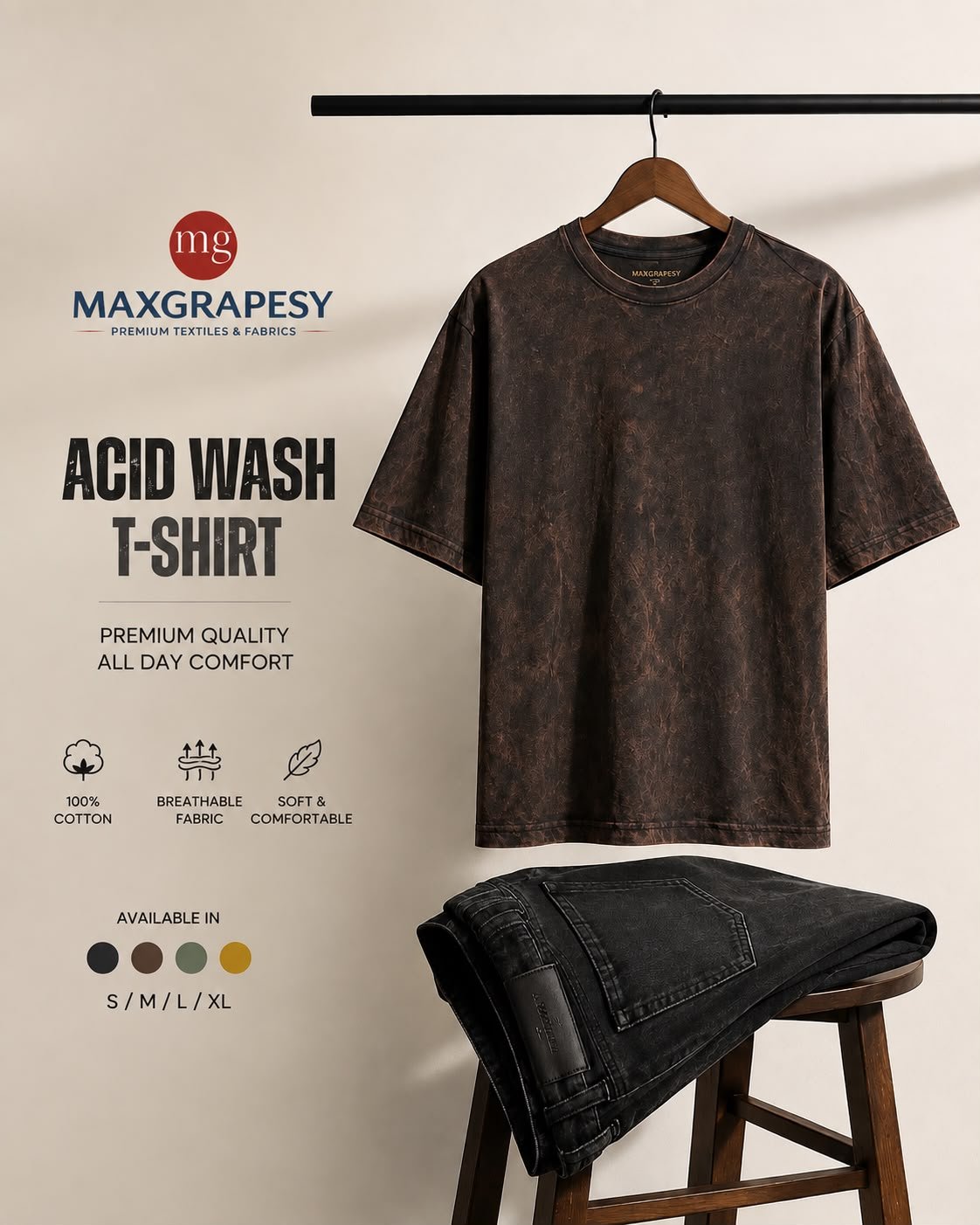 Acid Wash - Oversize T-Shirt For Mans. Round Neck Fabric 100% Cotton Purple, Dark Green,Black T-Shirt - Image 2
