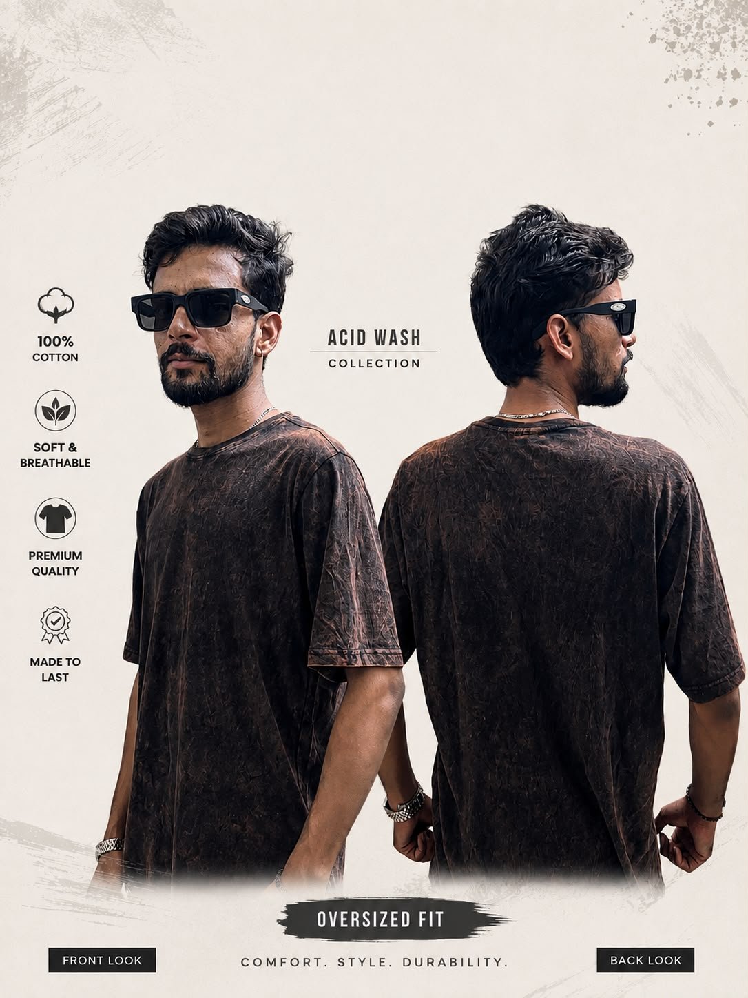 Acid Wash - Oversize T-Shirt For Mans. Round Neck Fabric 100% Cotton Purple, Dark Green,Black T-Shirt